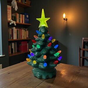 Ceramic Green Light Up Table Top Christmas Tree ~8” Tall Batteries Included